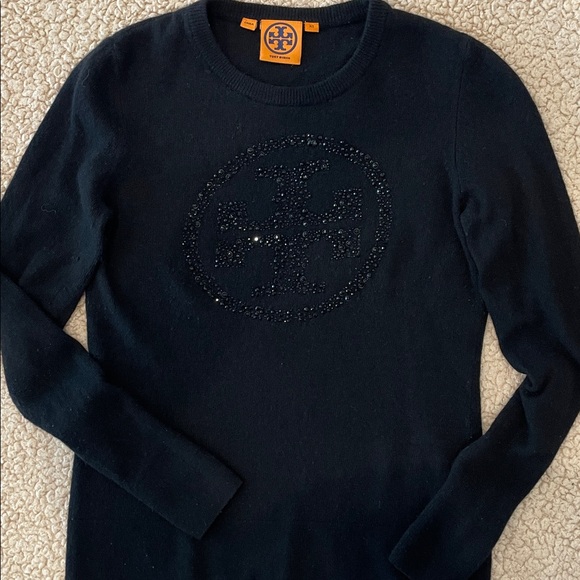 Tory Burch Crewneck Black Long Sleeve Sweater wEmbellished Logo. Style #31093104 - Picture 3 of 10